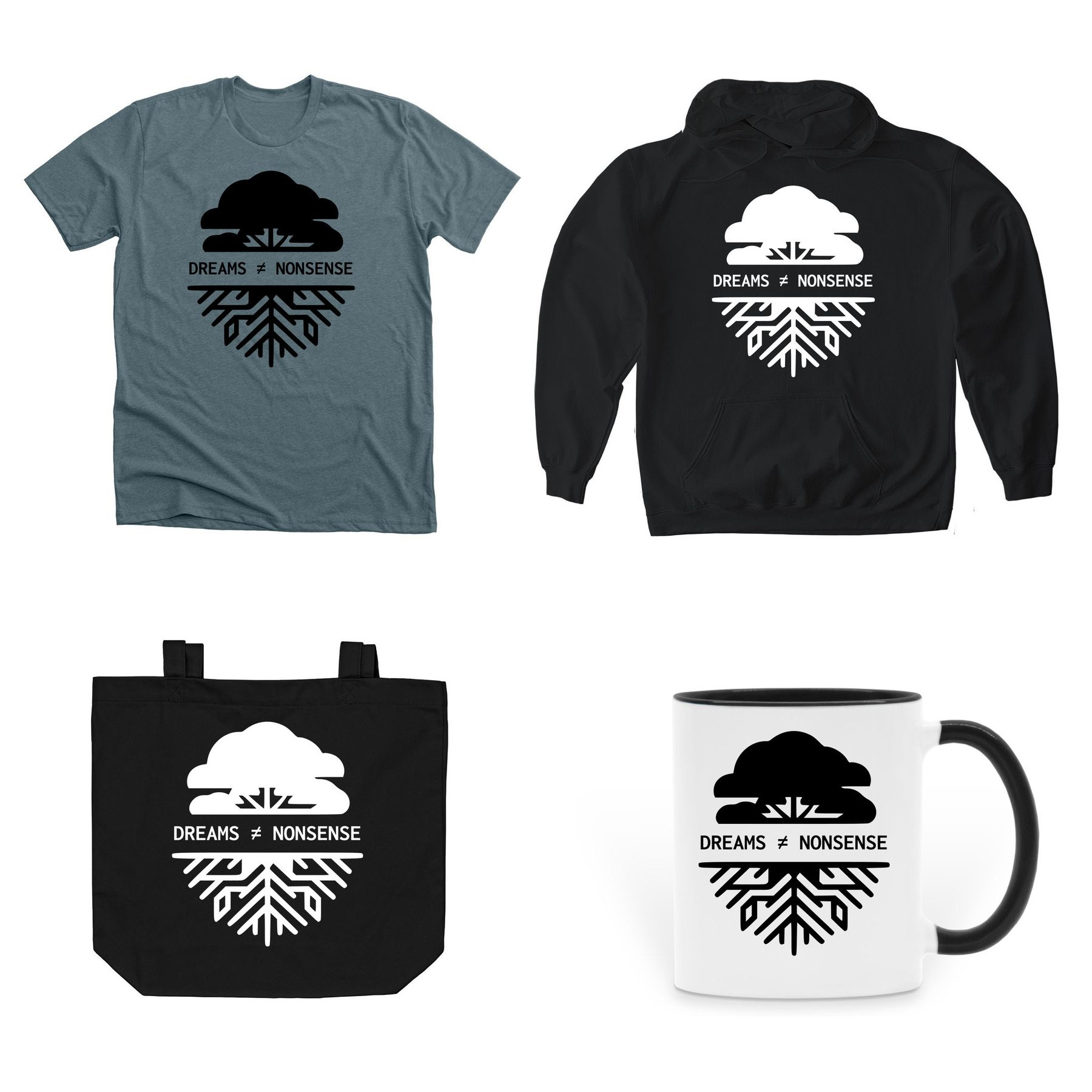 Cuatro artículos de merchandising RCC—camiseta, sudadera, bolsa y taza—que apoyan la investigación sobre los sueños.